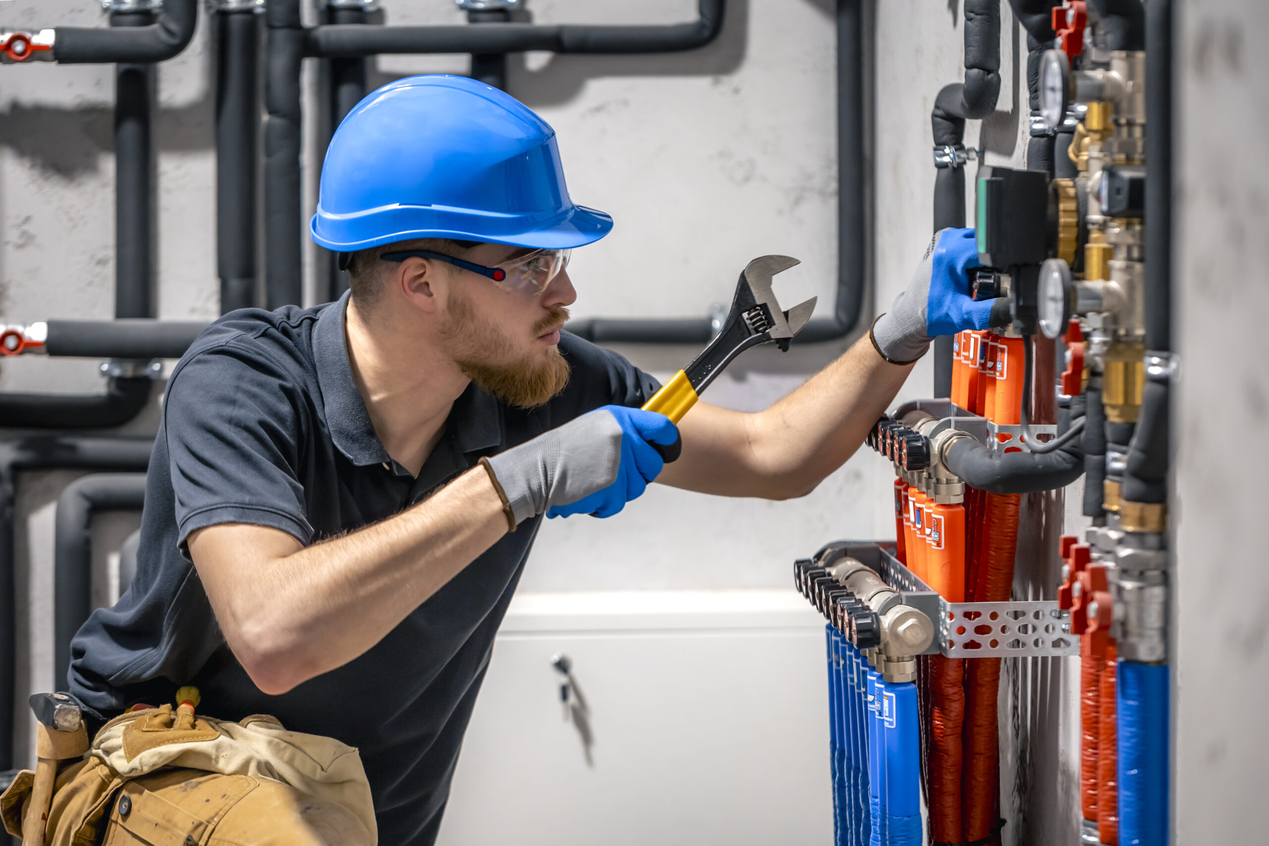 The technician checking the heating system in the boiler room. The technician checking the heating system in the boiler room. Adjusting heating valves in a residential building. A plumbing and heating technician works.